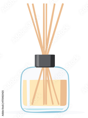 Reed diffuser aroma in clear glass container with light yellow liquid, home fragrance vector illustration