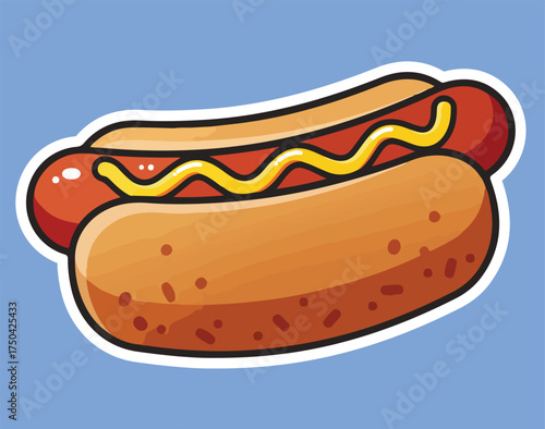 Cartoon Hot Dog with Mustard Illustration, Delicious Fast Food Snack on a Bun, Isolated on blue Background