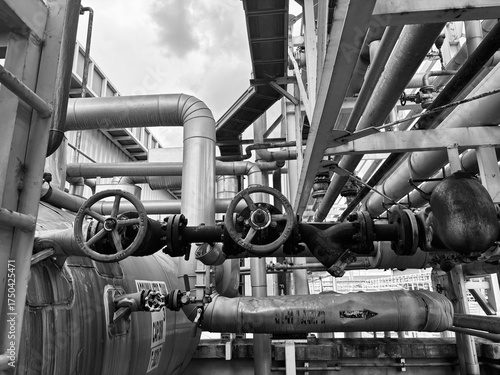 A dramatic black and white close-up shot of dense industrial piping features several large, intricate handwheel valves against a backdrop of metal scaffolding and a cloudy sky.