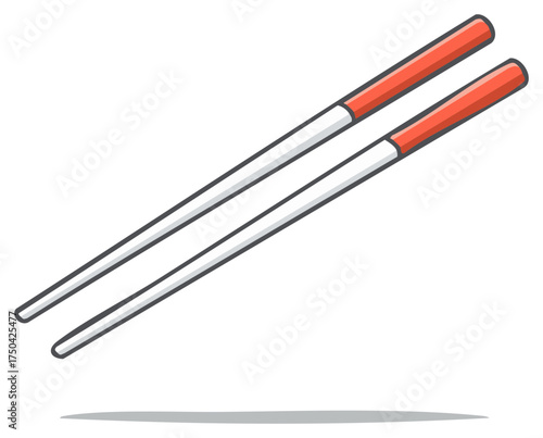 Pair of stylized chopsticks with red and white ends, isolated on white