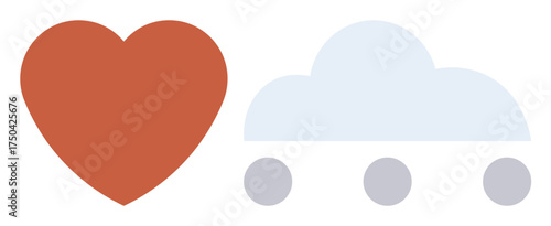 Red heart next to simple cloud with three dots underneath. Ideal for love, technology, cloud computing, emotion, connection, communication, innovation. Simple flat metaphor
