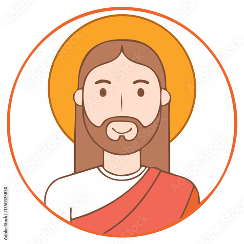 Illustrated man with a beard and halo, religious figure inside orange circle, representing spirituality and faith with serene expression