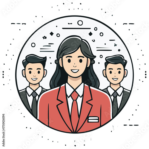 Corporate Business Team Illustration Female Leader with Male Coworkers in Circle Frame