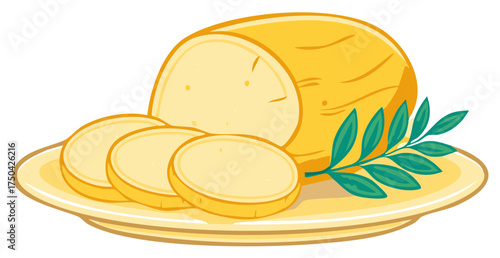 Cartoon illustration of a sliced yellow cheese loaf with a leafy garnish on a plate