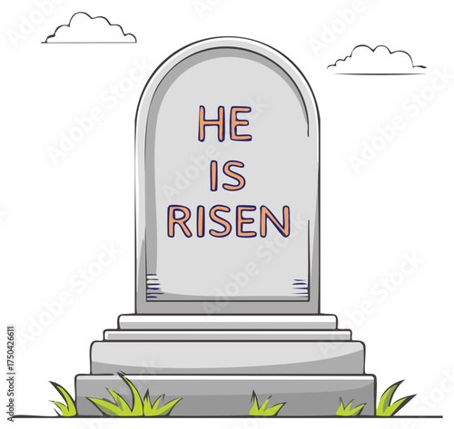 Empty Tombstone with He Is Risen message and clouds in a simple illustration style