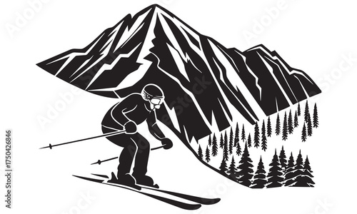 Bold black-and-white illustration of a skier racing down a mountain slope surrounded by pine trees — a dynamic winter sports design perfect for adventure brands, ski clubs, and outdoor artwork.
