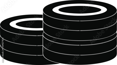 Stack of black tires with white rims on a white background