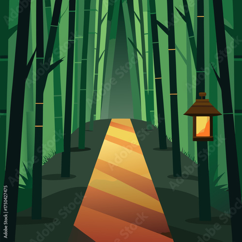 Beautiful tranquil bamboo forest path with a glowing lantern vector green landscape background.