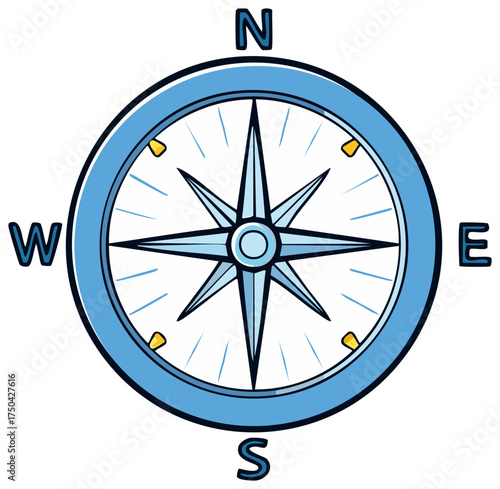 Cartoon Compass Rose Navigational Tool Illustrating Cardinal Directions Light Blue