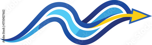 Abstract blue wave symbol with yellow arrow indicating forward movement