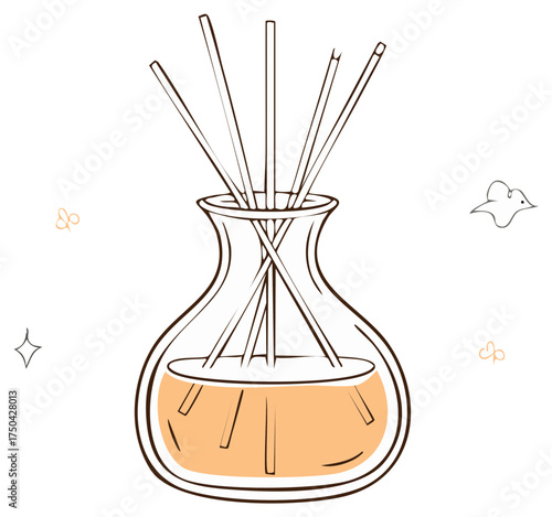 Aroma diffuser with reeds in a glass vessel, illustration with decorative elements.