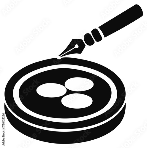 Fountain Pen Over Petri Dish with Colonies in Monochrome Illustration