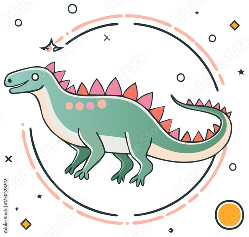 Cartoon Dinosaur Illustration with Spikes and Decorative Circle Design for Children's Books