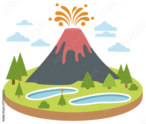 Cartoon erupting volcano diorama with a miniature landscape of trees and lakes