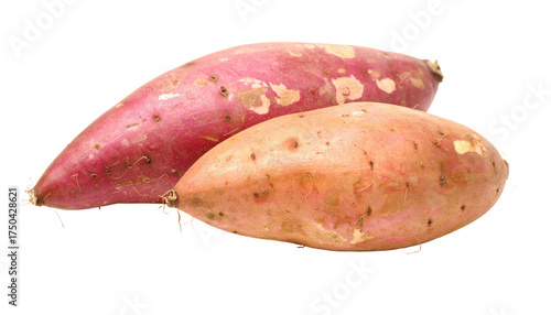 Two sweet potatoes, one vibrant purple, the other salmon-colored, on a black background