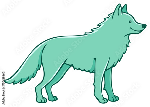 Cartoon Turquoise Wolf Standing Profile Isolated on White Illustration