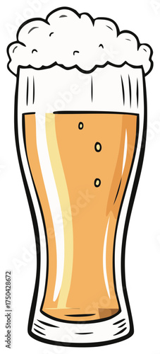 Illustration of a tall glass filled with golden beer and frothy white foam head