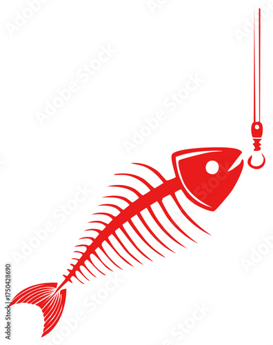 Red fish skeleton caught on a fishing hook graphic illustration symbolizing overfishing and danger