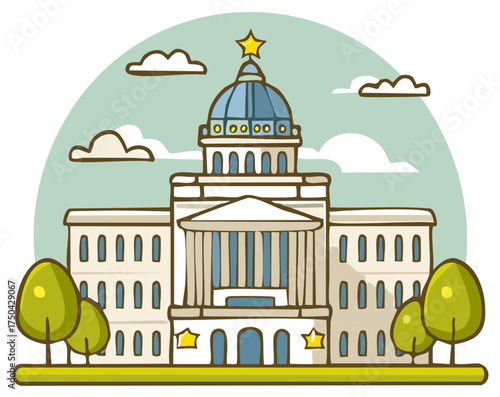 Illustrated Government Building with Dome Topped with a Star and Clouds in Sky Background, Cartoon Hand Drawn Landmark