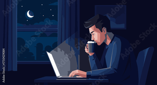 Young professional working late at night with laptop and coffee enjoying quiet time in dark room with moonlight creates a calm atmosphere for focus and productivity