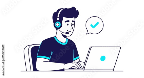 Friendly customer service agent providing excellent support online with headset and laptop, ensuring satisfaction with a virtual check mark for modern communication solutions