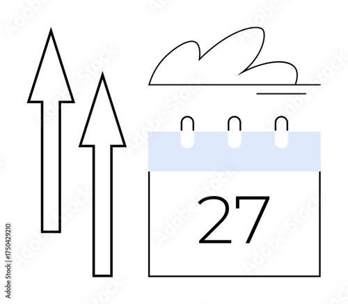 Calendar page dated 27 next to two upward arrows, symbolizing progress, deadlines, goals, growth, planning, achievements, and aspirations. Ideal for productivity business success simple flat