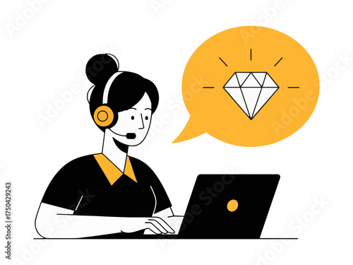Empowered woman delivers premium support with laptop and headset, showing diamond excellence in customer service, perfect for illustrating quality assistance and valuable solutions