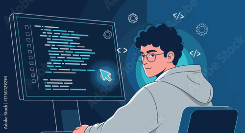 Focused coder working on complex software project, building the future with clean code, embodying innovation, and pushing boundaries in the digital landscape, a symbol of progress