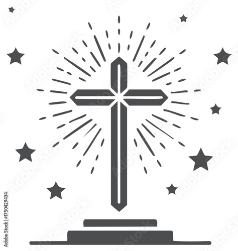 Radiant Christian Cross Icon with Star Burst and Celestial Elements