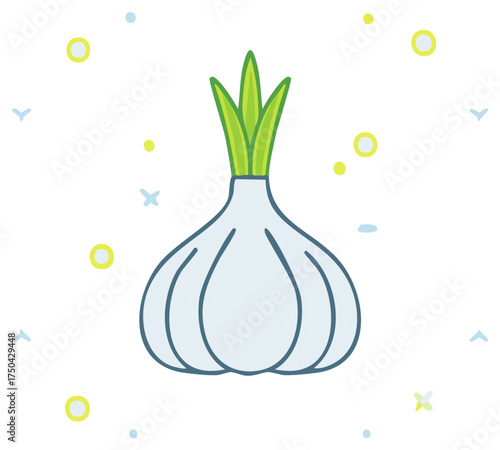 Fresh Garlic Bulb Illustration with Green Sprout in a Minimalist Flat Style