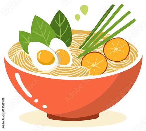 Appetizing bowl of ramen noodle soup with eggs, herbs, and citrus slices offering flavorful Asian cuisine