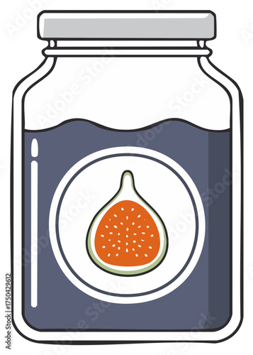 Stylized cartoon illustration of a glass jar filled with sweet fig jam and a prominent fruit label