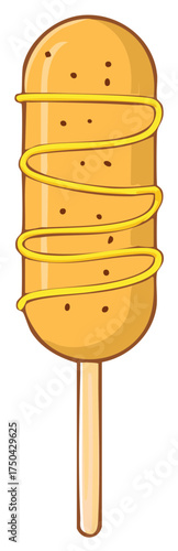 Cartoon illustration of a corn dog on a stick with yellow mustard drizzle and brown spots