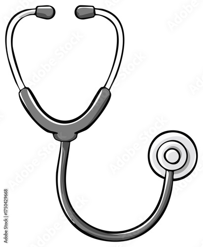 Monochrome drawing of a stethoscope, doctor's medical equipment used to listen to heart and lungs