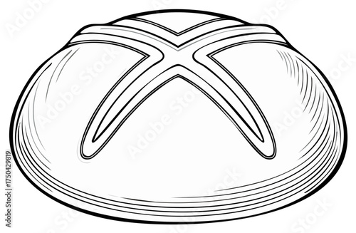 Classic artisan sourdough bread loaf with a cross score. Black and white line art vector graphic of bakery food.