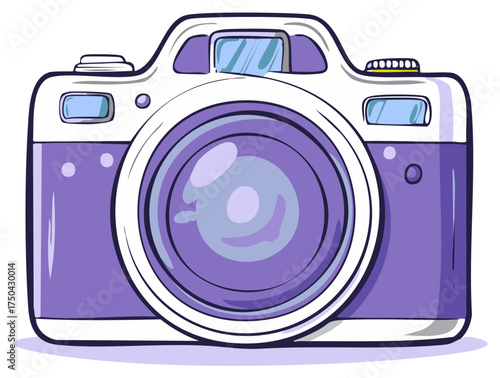 Cute cartoon illustration of a purple and white digital camera with a large lens