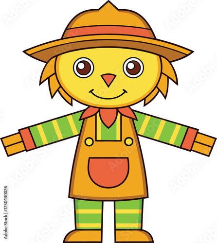 Vector illustration of cute cartoon scarecrow with straw hair and overalls