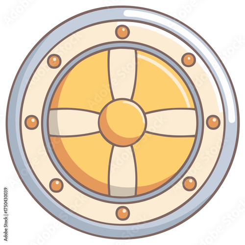 Cartoon illustration of round battle shield featuring a circular cross with metal rim and button embellishments