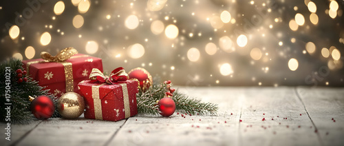 Christmas background with red and gold gifts, ornaments, fir branches on a white wooden table with bokeh lights of garland decoration