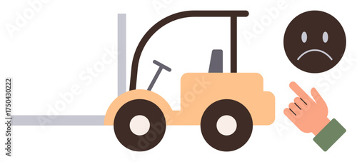 Forklift in motion next to a pointing hand and frowning face emphasizing workplace safety concerns and hazards. Ideal for logistics, safety awareness, risk prevention, and accident warnings. Simple