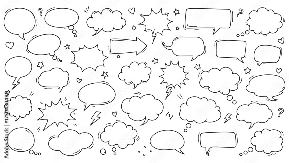 Obraz premium Line frame text speech bubble set. Line balloon frame design talk speech bubble frame. Comic japan style design conversation text dialog balloon, simple doodle thinking cloud. Vector illustration