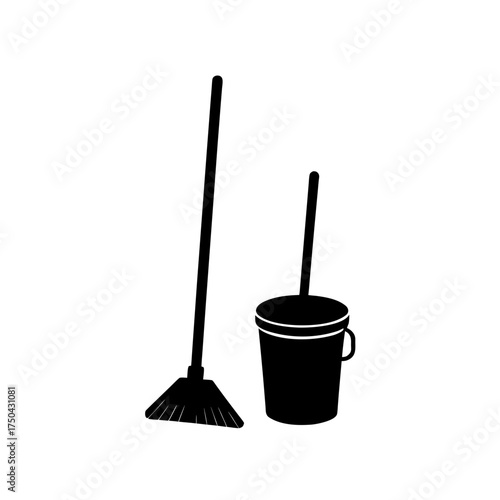 Mop And Bucket Silhouette Vector Flat Clean Look
