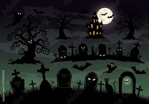 Spooky Halloween Night Scene with Haunted House and Graveyard.
