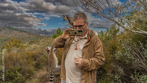 Canvas Print Charming ring-tailed lemurs catta and humans