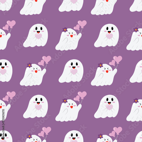 Kawaii ghost on a purple background. Cute Halloween seamless pattern for clothing, fabric, wallpaper, backdrop, home decoration, cover book.