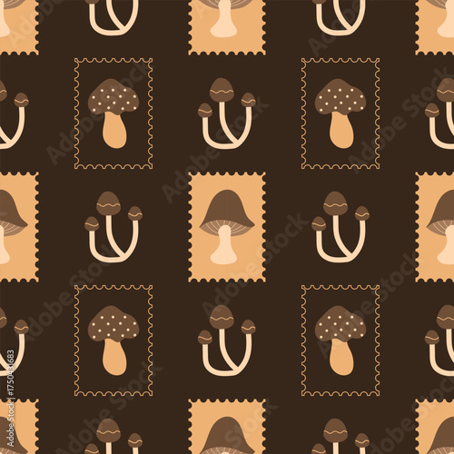 Variety of mushrooms with decorative frames on a brown background. Autumn seamless pattern for clothing, fabric, wallpaper, backdrop, home decoration, and cover book.