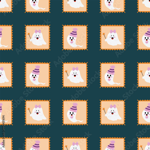 Kawaii ghost with decorative frames on a green background. Cute Halloween seamless pattern for clothing, fabric, wallpaper, backdrop, home decoration, cover book.