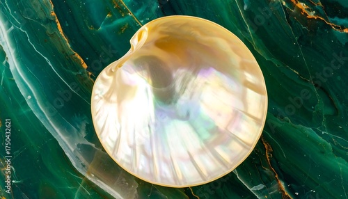 Overhead view of lustrous seashell with iridescence atop green marble