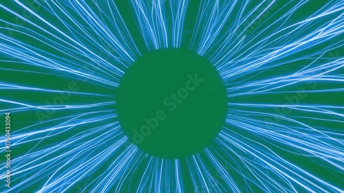 Abstract animation of radiating blue energy lines emerging from a central green screen circle.