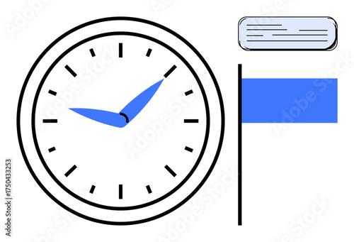 Analog clock with blue hands, a blue flag, and a message box. Ideal for time tracking, scheduling, goal setting, planning, deadlines productivity and project management. A simple flat metaphor